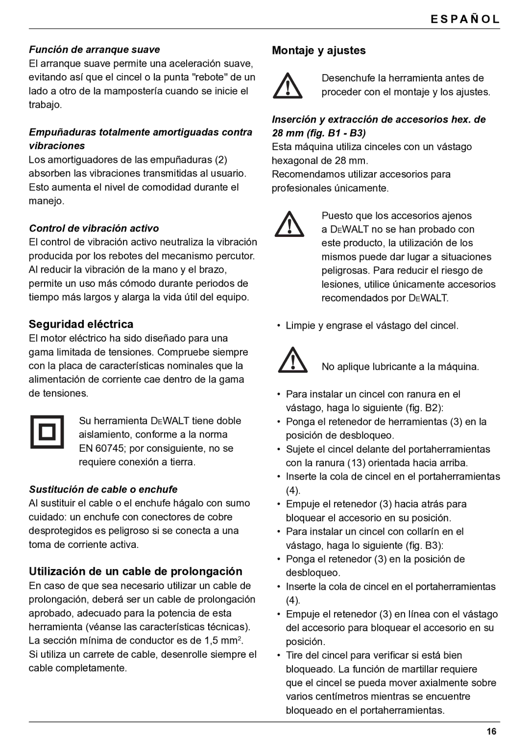 DeWalt D25980 manual Seguridad eléctrica, Utilización de un cable de prolongación, Montaje y ajustes 