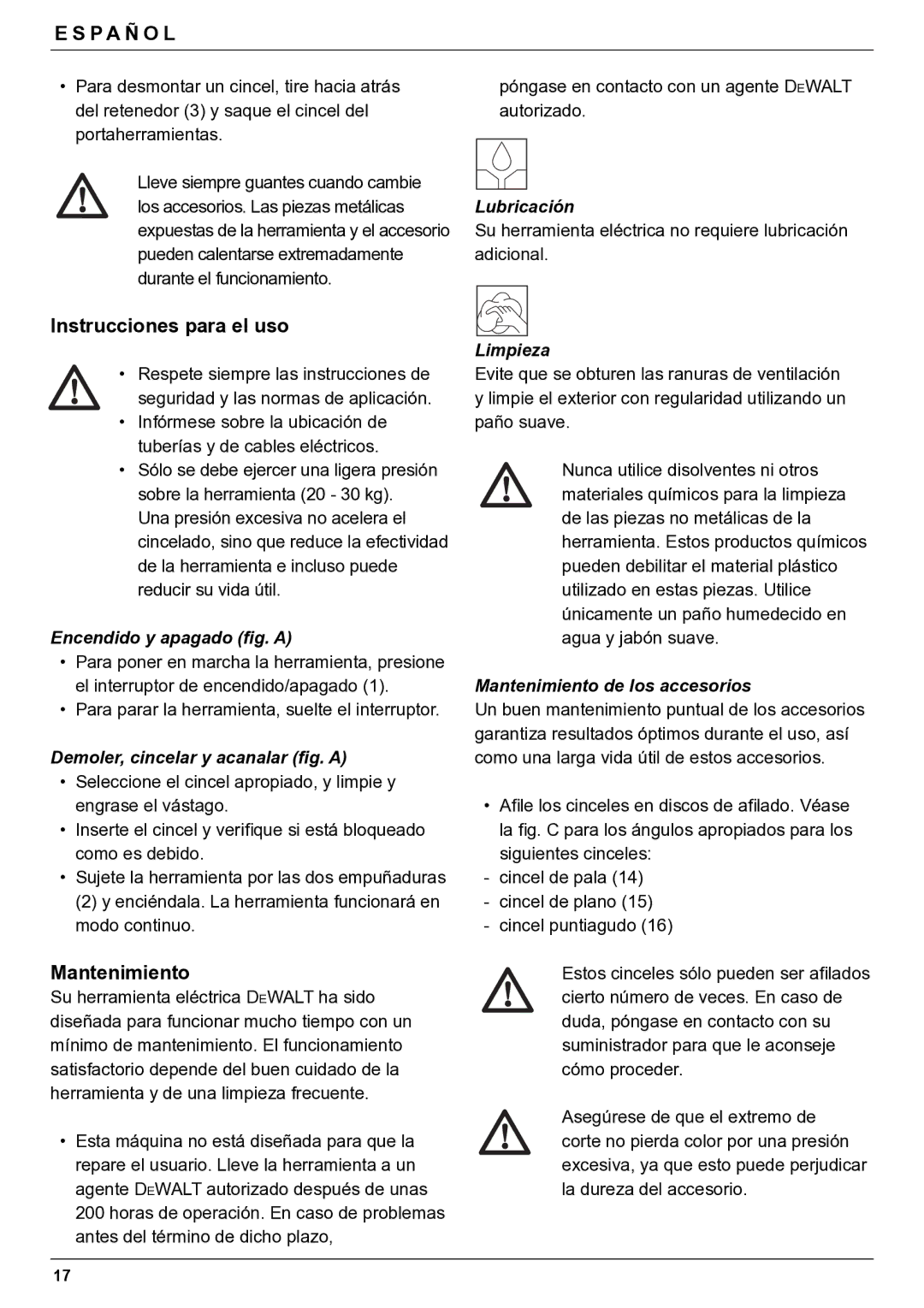 DeWalt D25980 manual Nstrucciones para el uso, Mantenimiento 