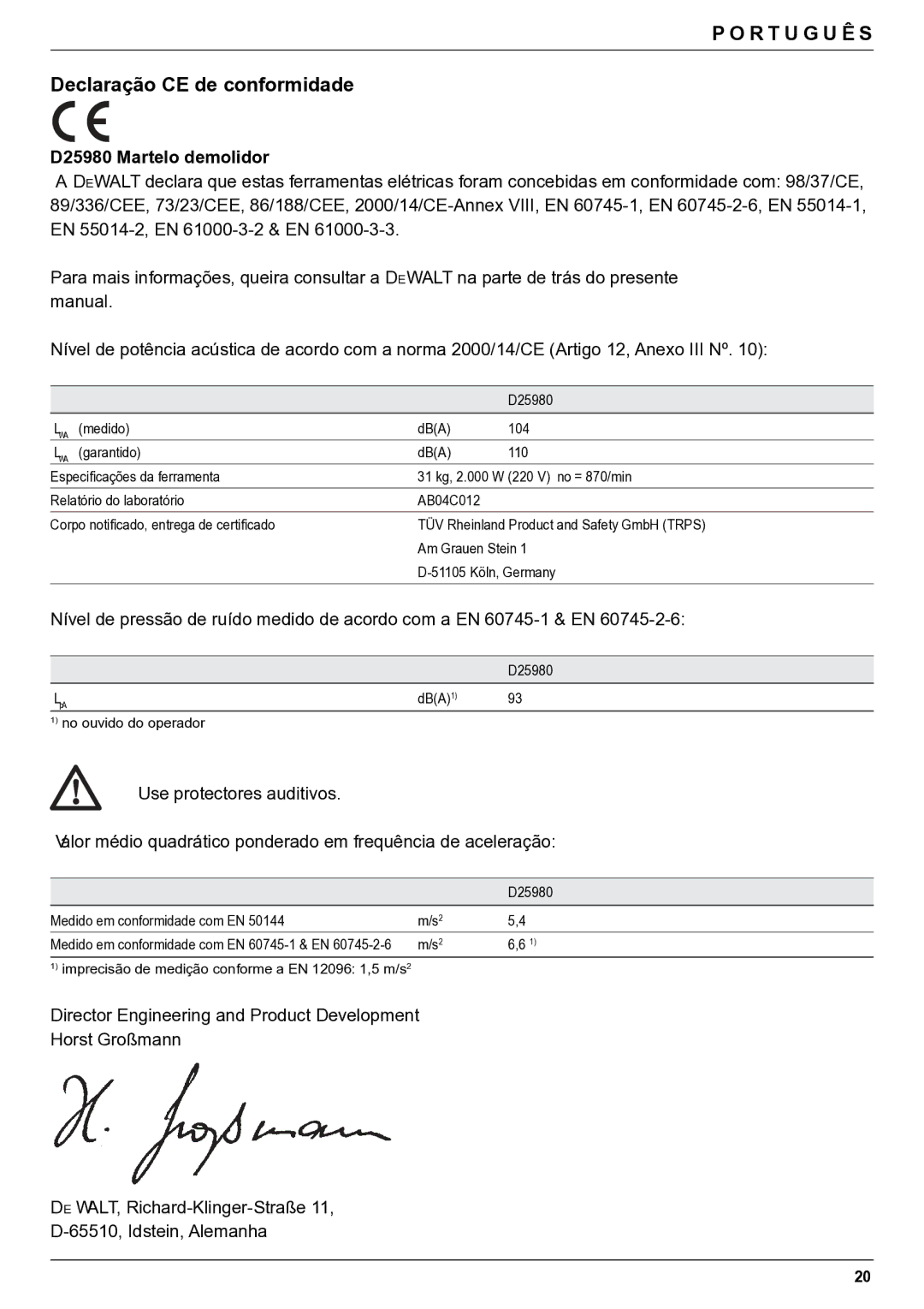 DeWalt manual Declaração CE de conformidade, D25980 Martelo demolidor 