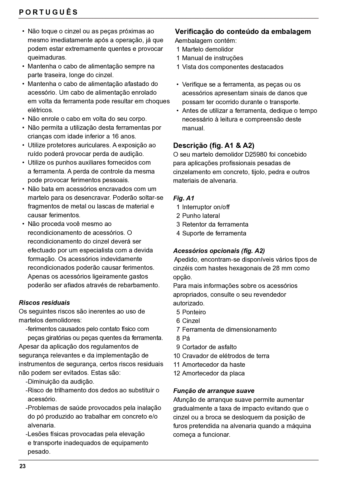 DeWalt D25980 Veriﬁcação do conteúdo da embalagem, Descrição ﬁg. A1 & A2, Riscos residuais, Acessórios opcionais ﬁg. A2 