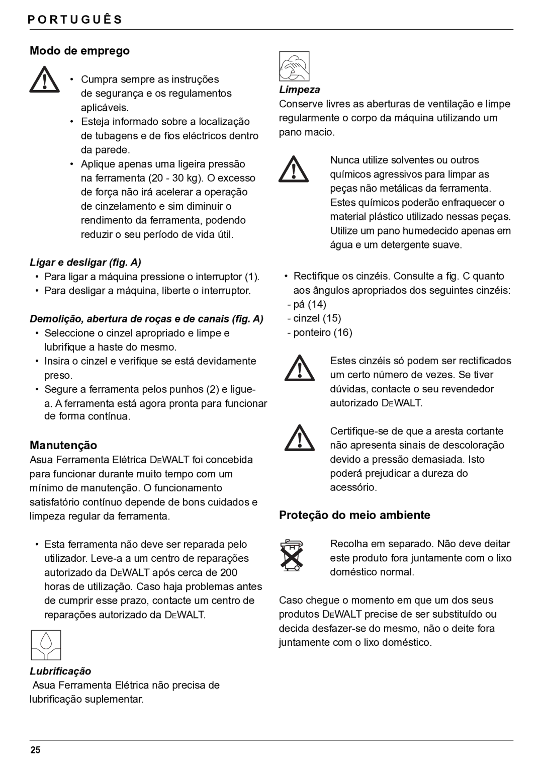 DeWalt D25980 manual Modo de emprego, Manutenção, Proteção do meio ambiente 