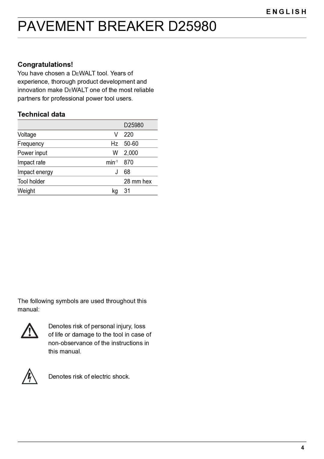 DeWalt D25980 manual Congratulations, Technical data 