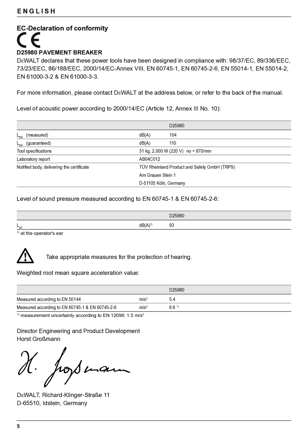 DeWalt manual EC-Declaration of conformity, D25980 Pavement Breaker 