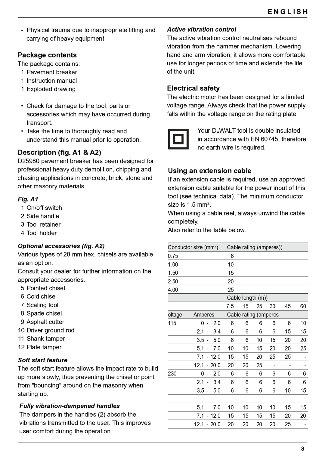 DeWalt D25980 manual Package contents, Description ﬁg. A1 & A2, Electrical safety, Using an extension cable 