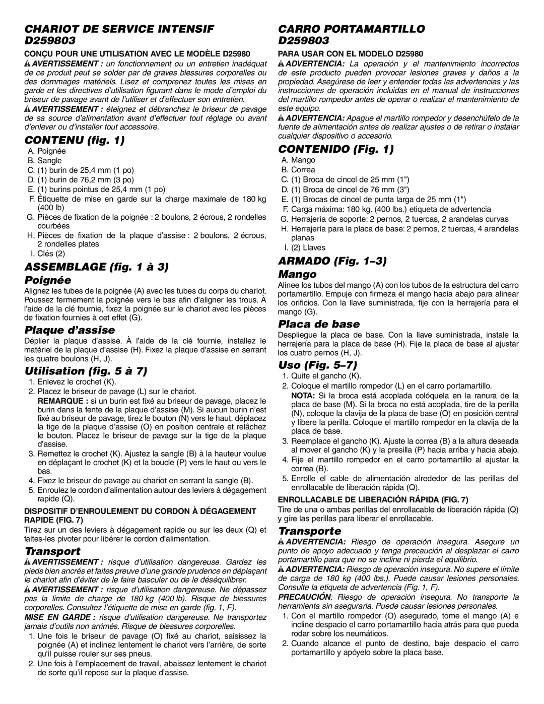 DeWalt operating instructions Chariot DE Service Intensif D259803, Carro Portamartillo 