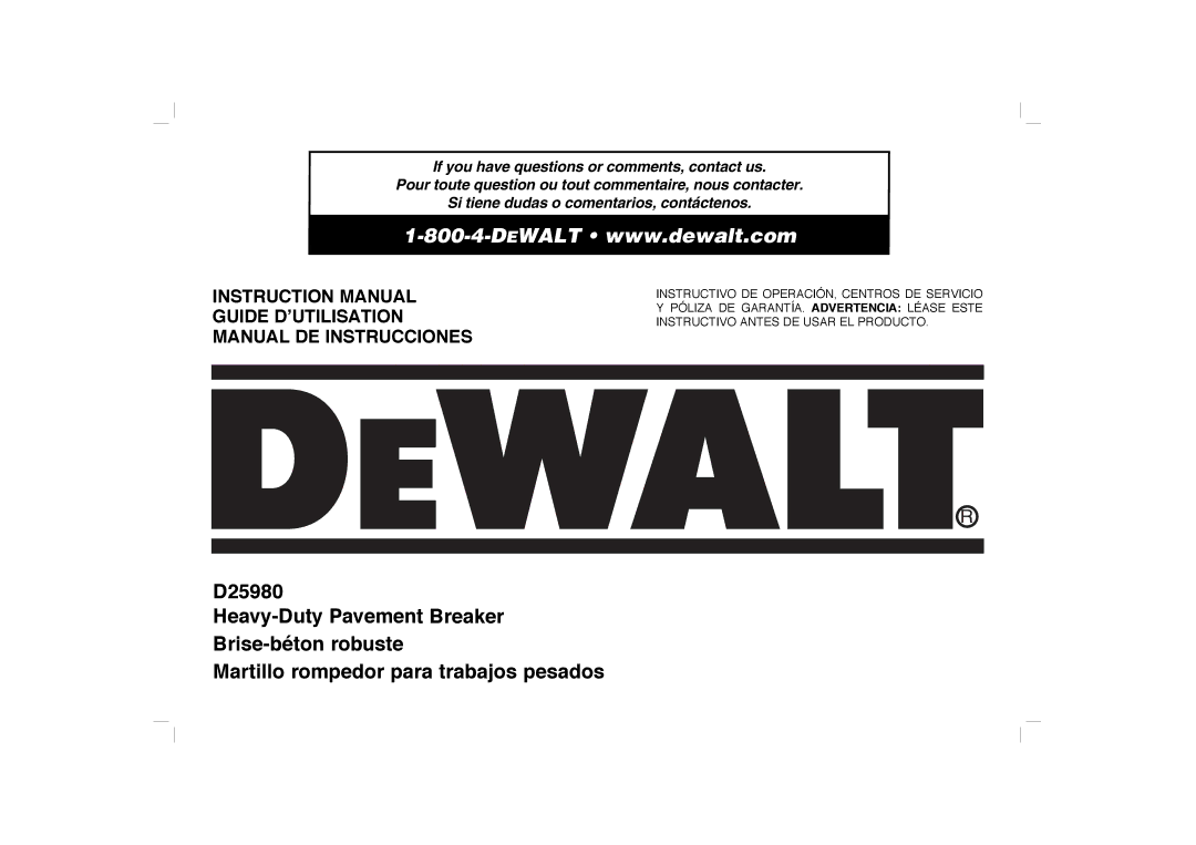 DeWalt D25980K instruction manual Guide D’UTILISATION Manual DE Instrucciones 