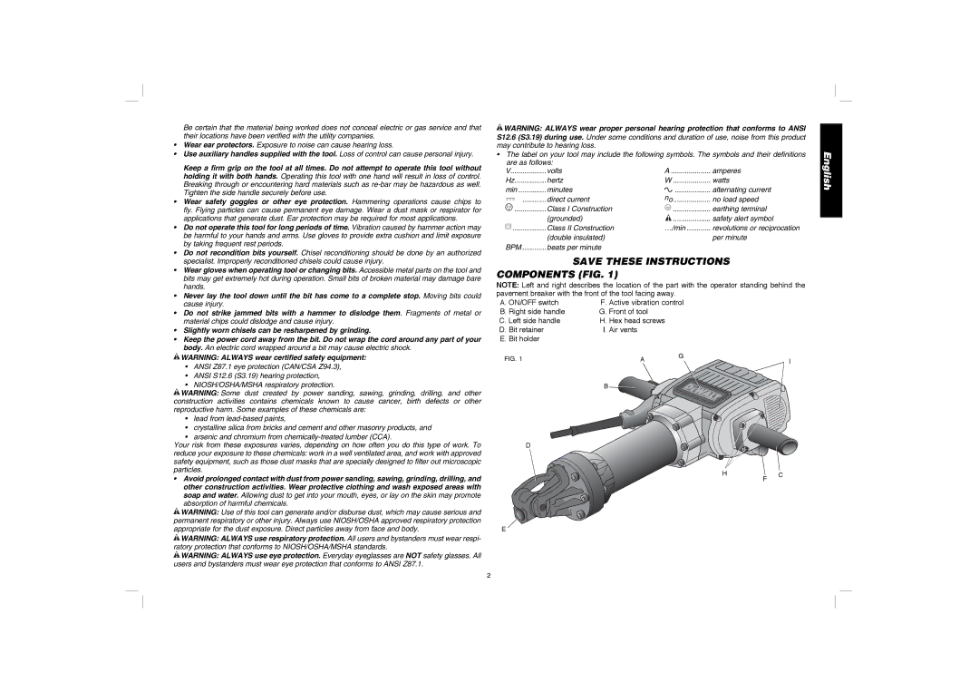 DeWalt D25980K instruction manual Save These Instructions Components FIG 