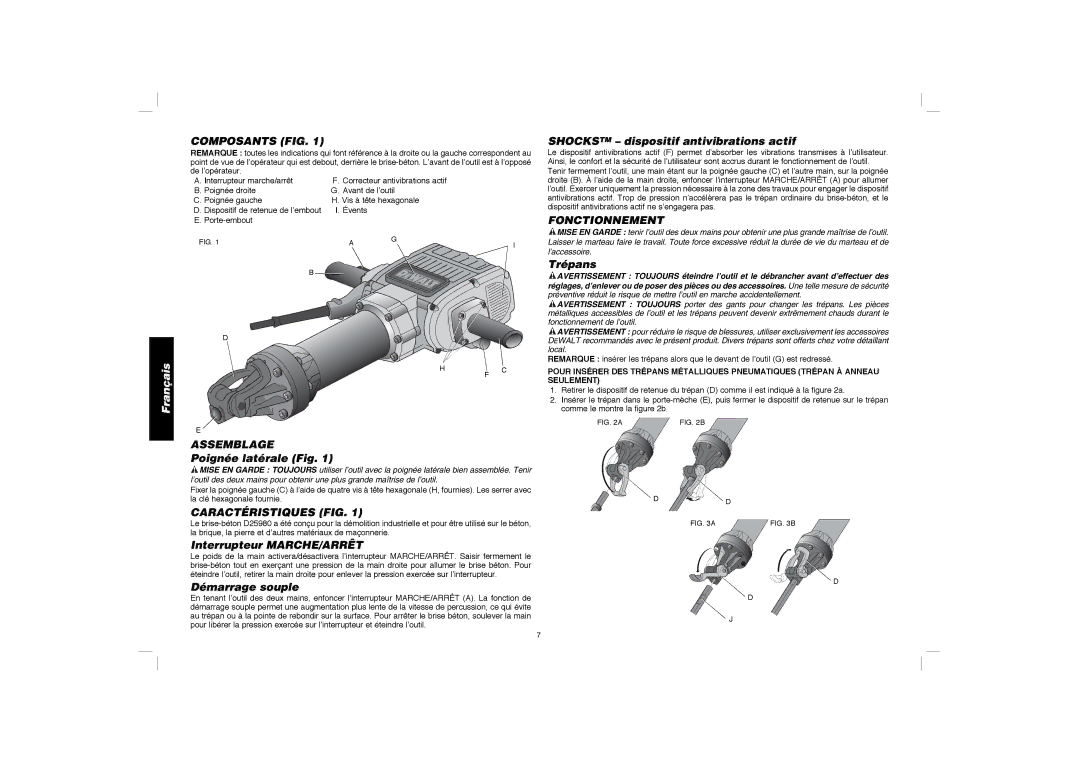 DeWalt D25980K instruction manual Composants FIG, Assemblage, Caractéristiques FIG, Fonctionnement 