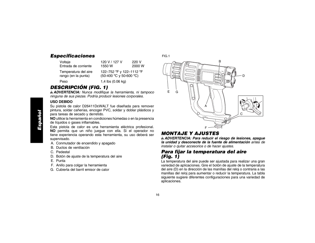 DeWalt D26411 Especificaciones, Descripción FIG, Montaje Y Ajustes, Para fijar la temperatura del aire Fig, USO Debido 