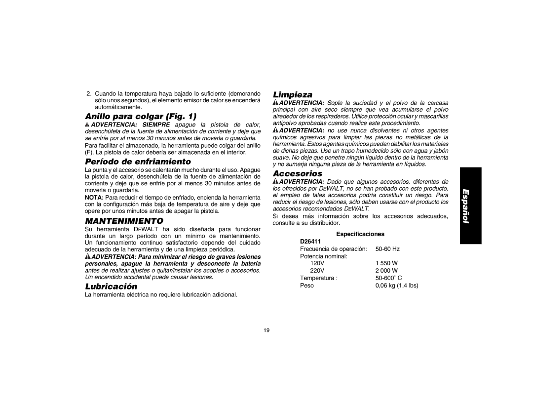 DeWalt D26411 instruction manual Mantenimiento 