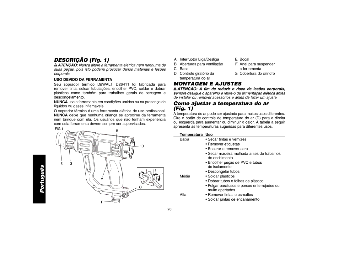 DeWalt D26411 Descrição Fig, Montagem E Ajustes, Como ajustar a temperatura do ar Fig, USO Devido DA Ferramenta 