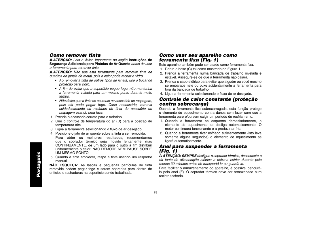 DeWalt D26411 Como remover tinta, Como usar seu aparelho como ferramenta fixa Fig, Anel para suspender a ferramenta Fig 