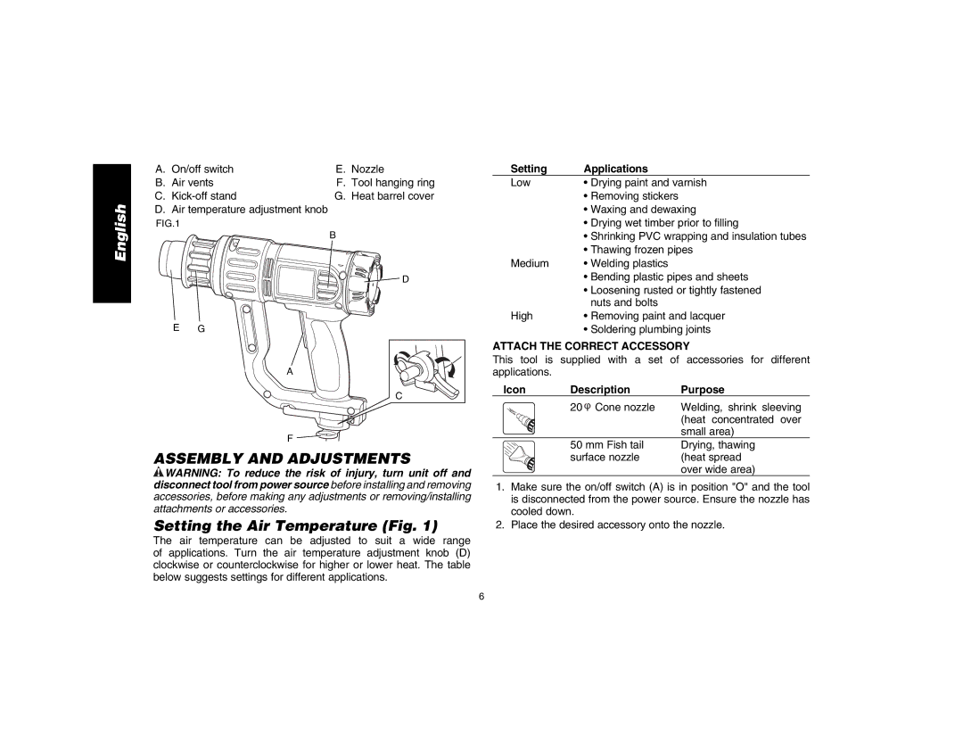 DeWalt D26411 Assembly and Adjustments, Setting the Air Temperature Fig, Setting Applications, Icon Description Purpose 