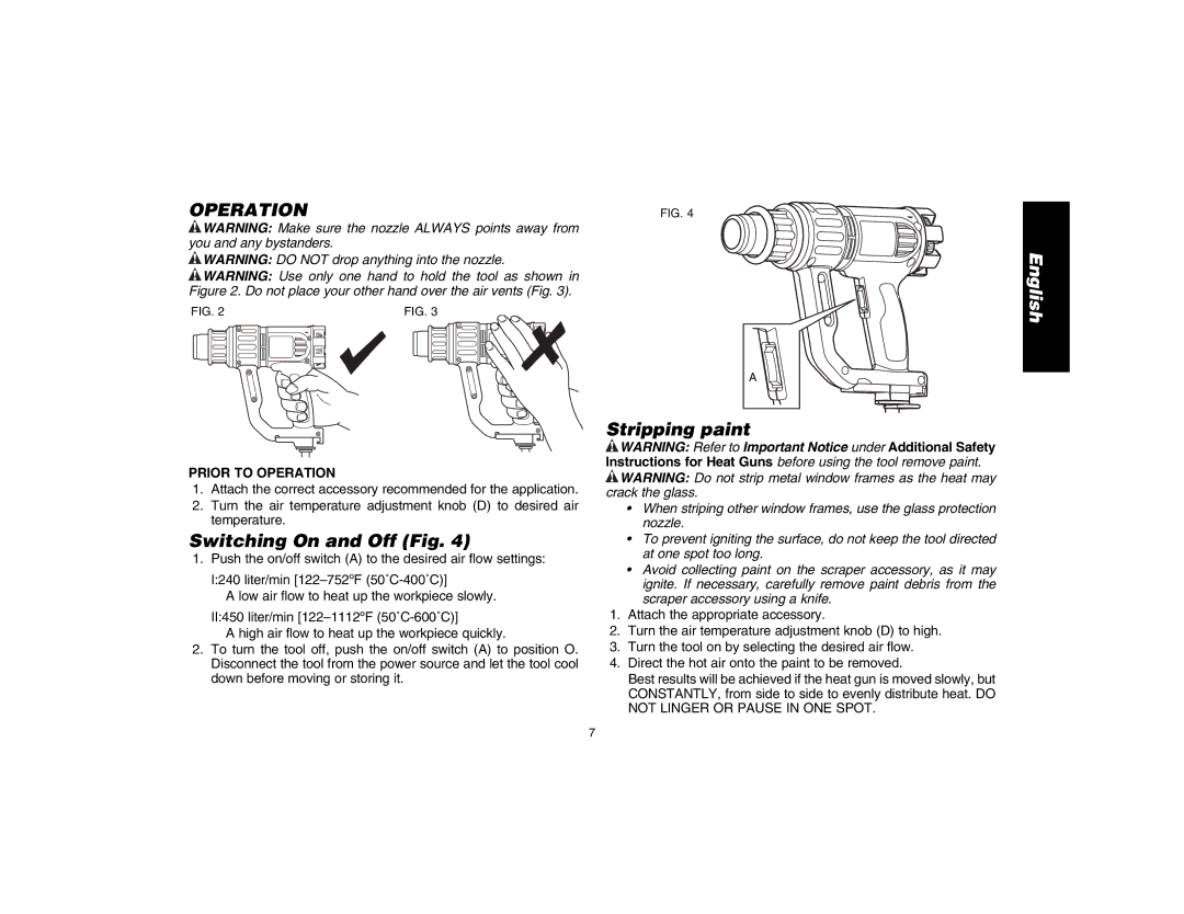 DeWalt D26411 instruction manual Switching On and Off Fig, Stripping paint, Prior to Operation 