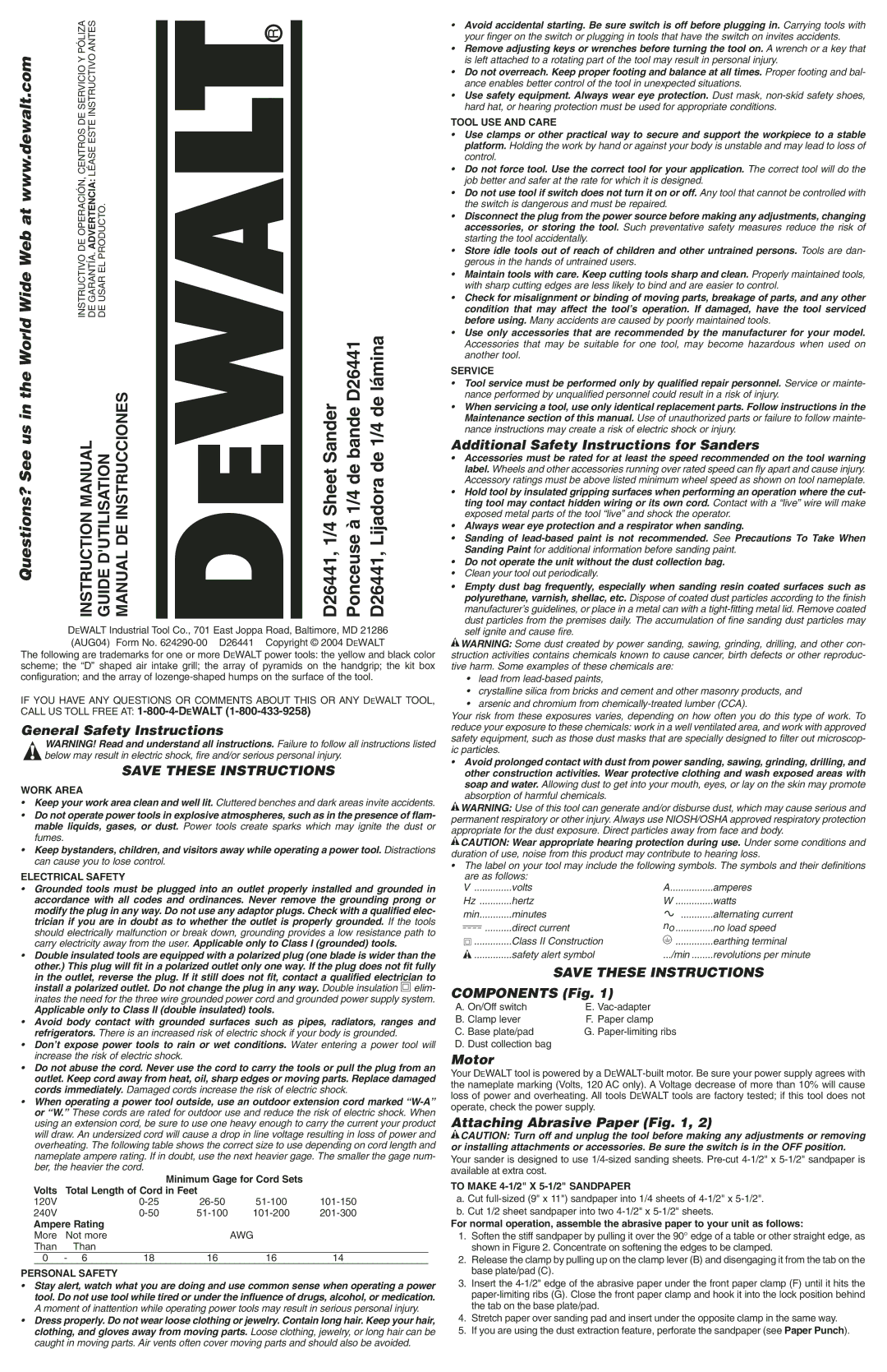 DeWalt D26441K instruction manual General Safety Instructions, Additional Safety Instructions for Sanders, Components Fig 