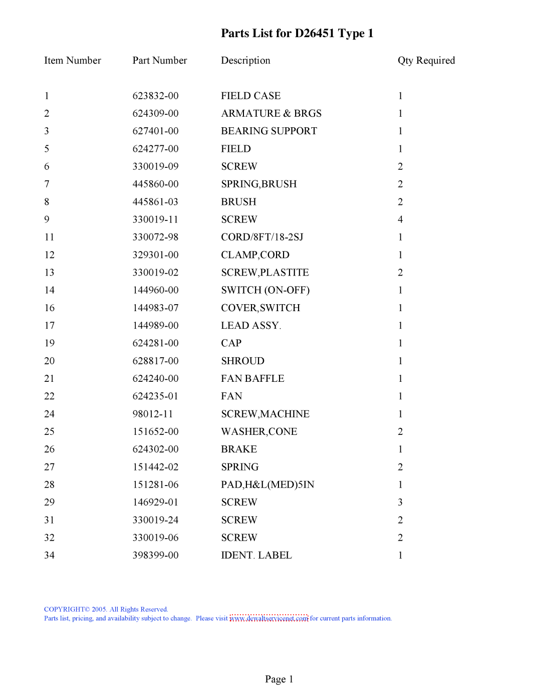 DeWalt D26451K instruction manual Parts List for D26451 Type 