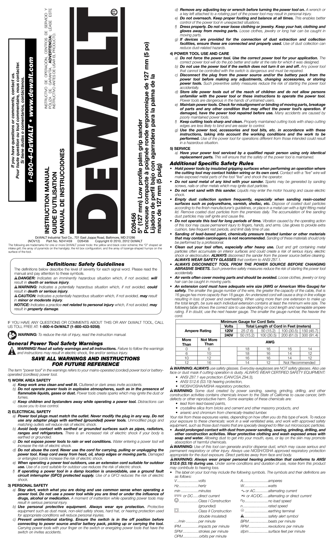 DeWalt D26456 instruction manual Additional Speciﬁc Safety Rules, Deﬁnitions Safety Guidelines 