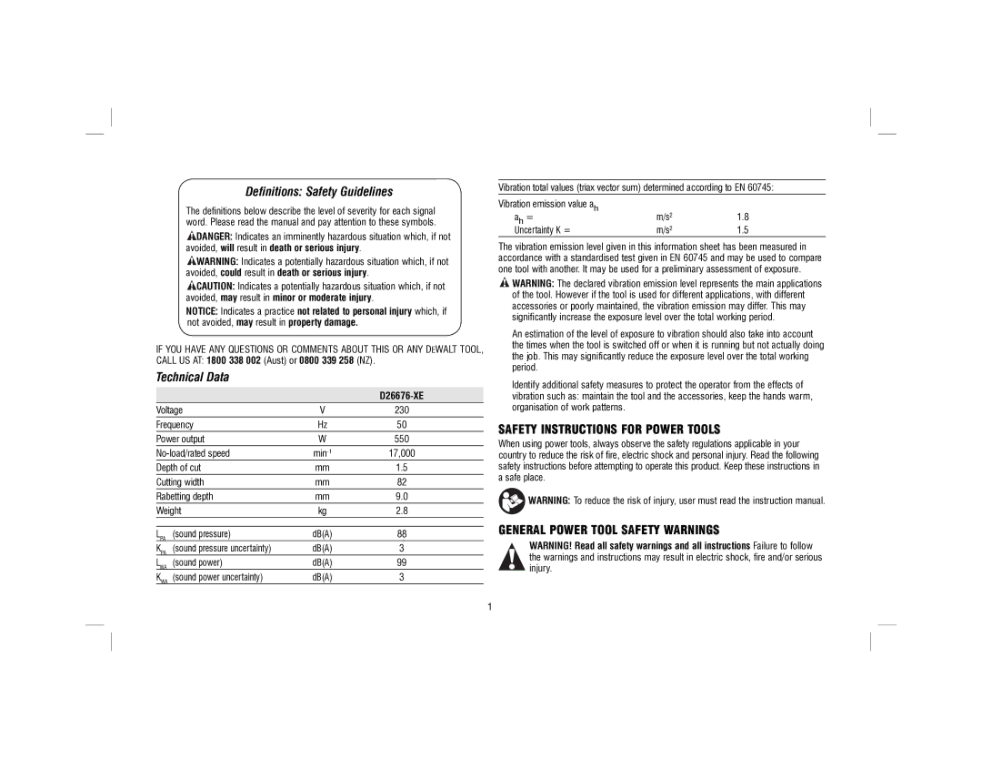 DeWalt D26676-XE instruction manual Definitions Safety Guidelines, Technical Data 