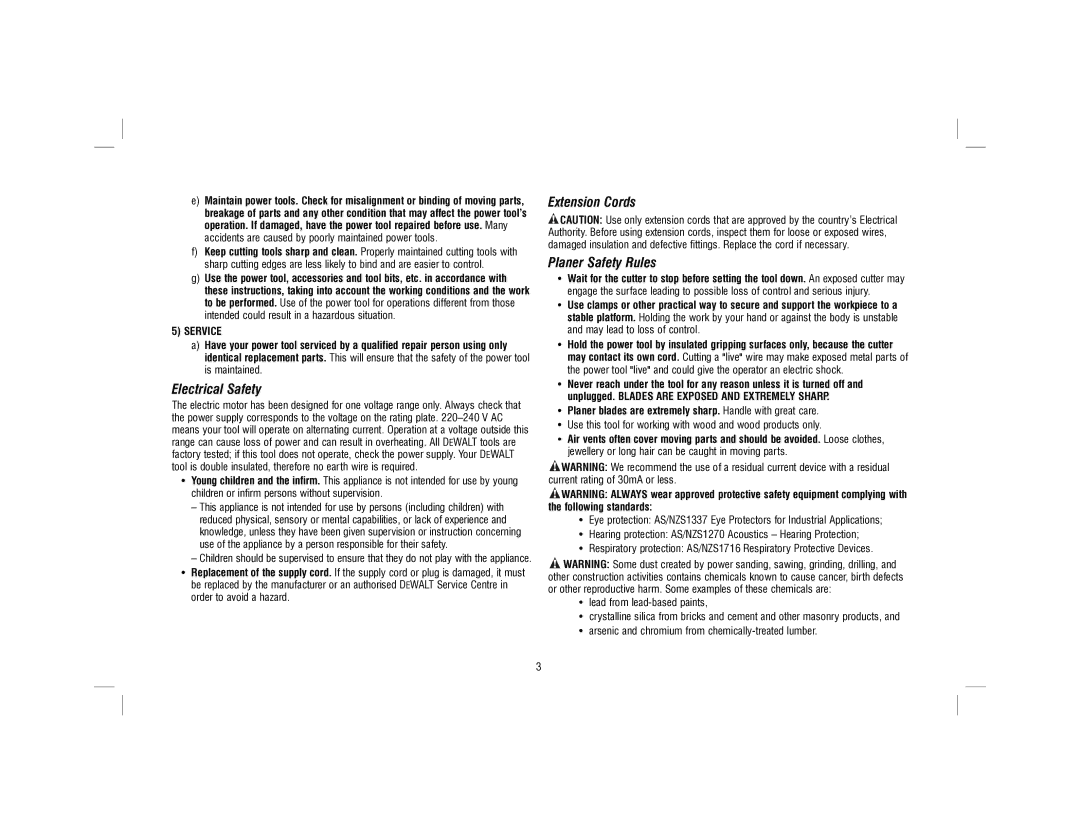 DeWalt D26676-XE instruction manual Electrical Safety, Extension Cords Planer Safety Rules, Service 