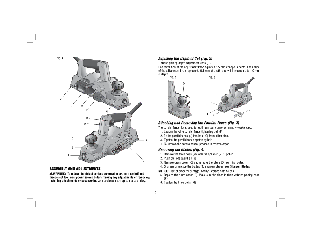 DeWalt D26676-XE Adjusting the Depth of Cut Fig, Attaching and Removing the Parallel Fence Fig, Removing the Blades Fig 