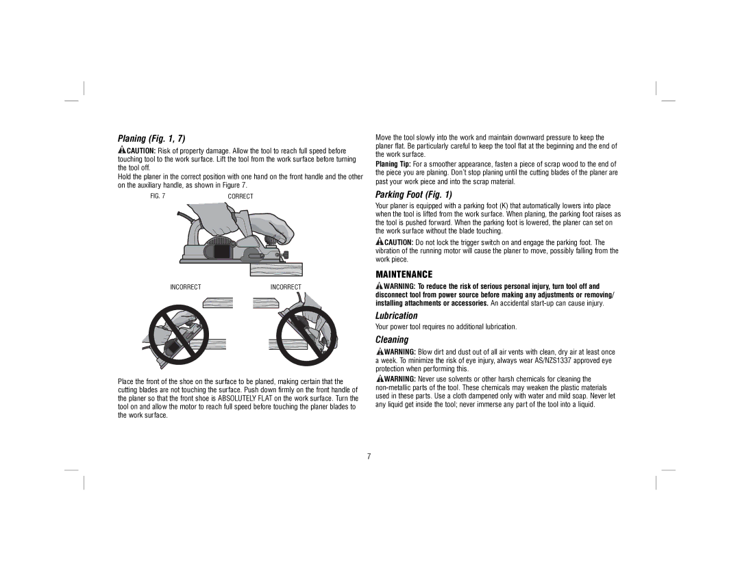 DeWalt D26676-XE instruction manual Planing, Parking Foot Fig, Lubrication, Cleaning 