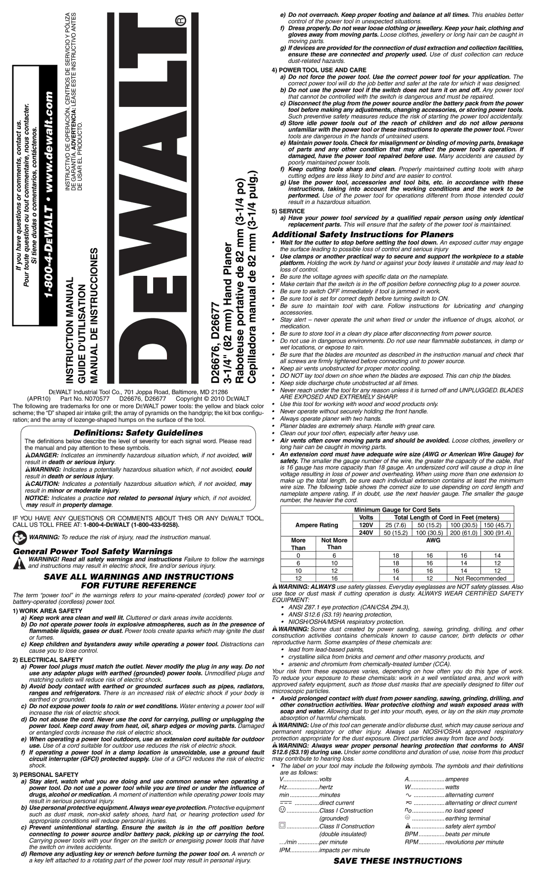 DeWalt D26676 instruction manual Deﬁnitions Safety Guidelines, General Power Tool Safety Warnings 