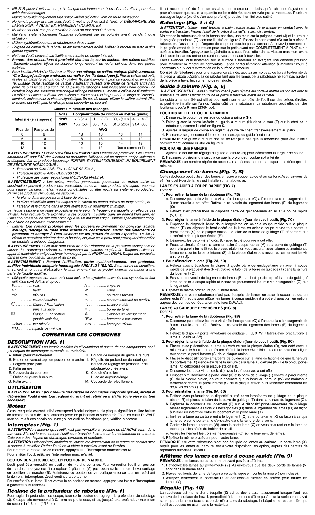 DeWalt D26676 instruction manual Conserver CES Consignes Description FIG, Utilisation 