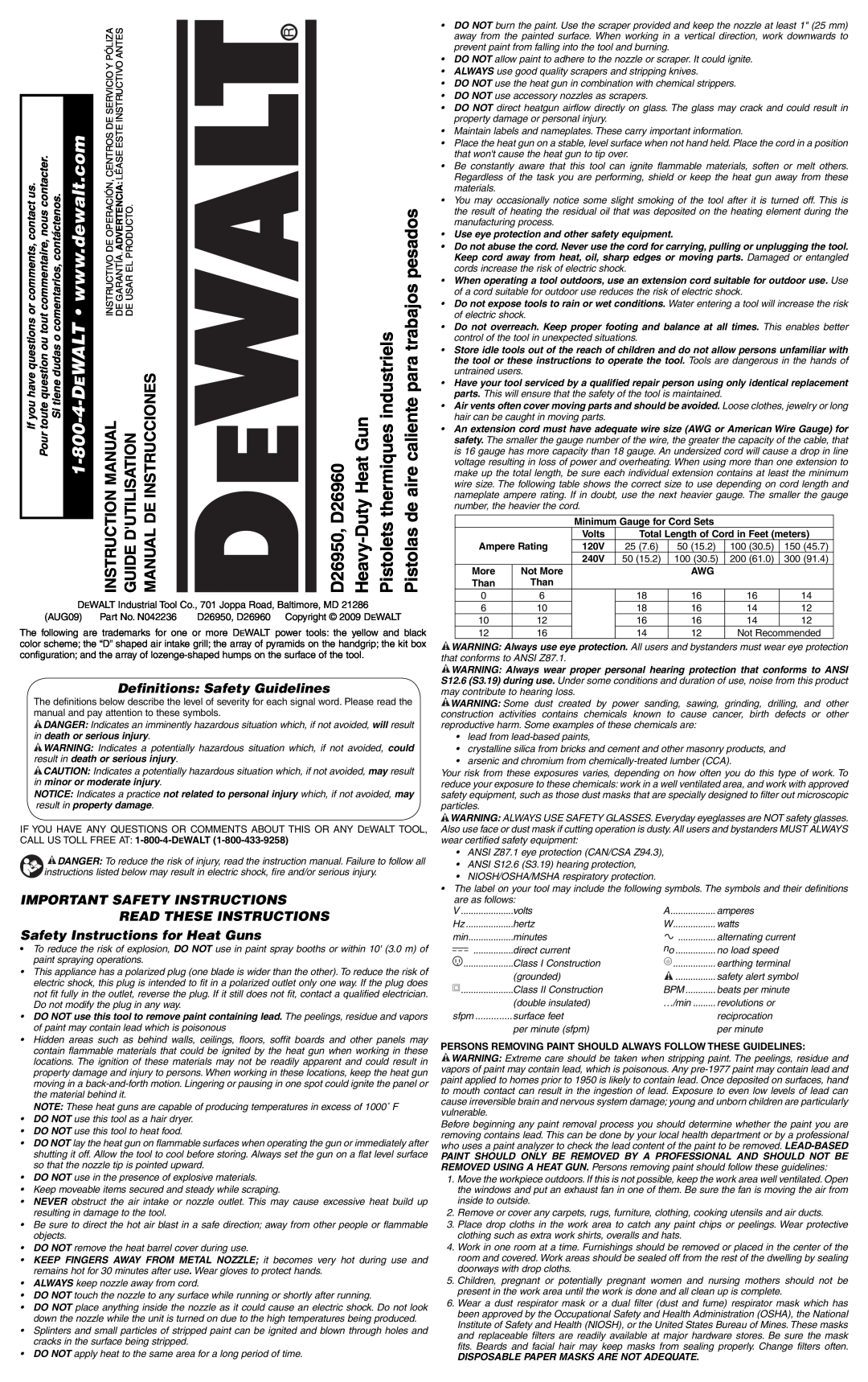 DeWalt D26950, D26960K instruction manual Instruccionesdemanual, Use eye protection and other safety equipment 