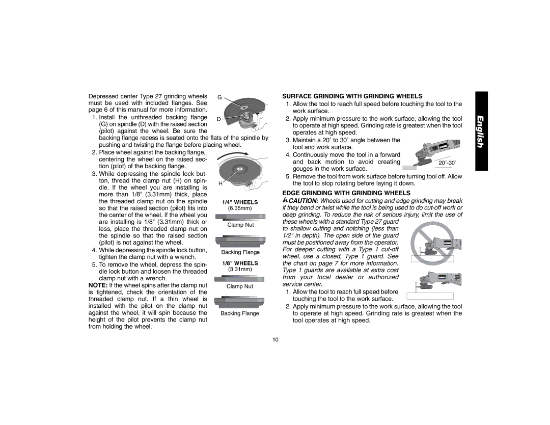 DeWalt D28402N, D28112 instruction manual Must be used with included flanges. See, Surface Grinding with Grinding Wheels 