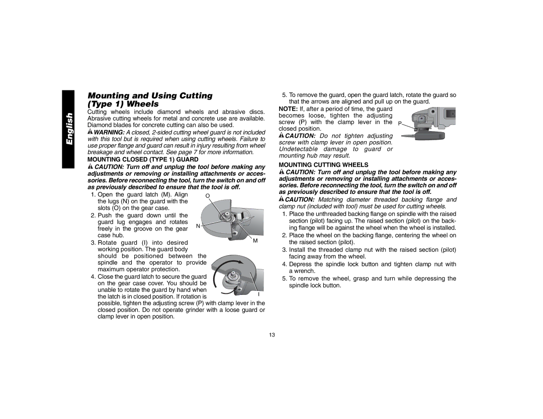 DeWalt D28112, D28402N Mounting and Using Cutting Type 1 Wheels, Mounting Closed Type 1 Guard, Mounting Cutting Wheels 