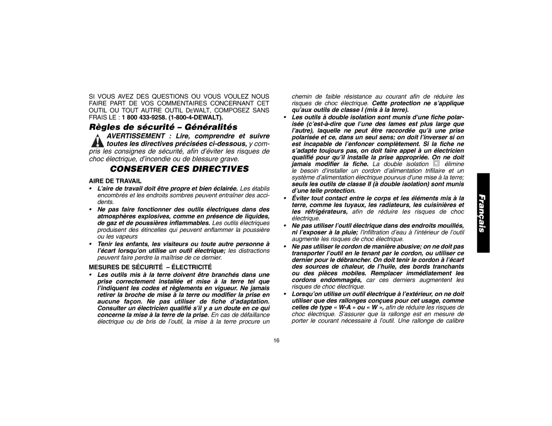 DeWalt D28402N Règles de sécurité Généralités, Conserver CES Directives, Aire DE Travail, Mesures DE Sécurité Électricité 