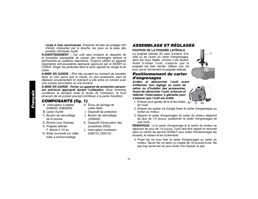 DeWalt D28112, D28402N instruction manual Composants fig, Assemblage ET Réglages, Positionnement du carter d’engrenages 