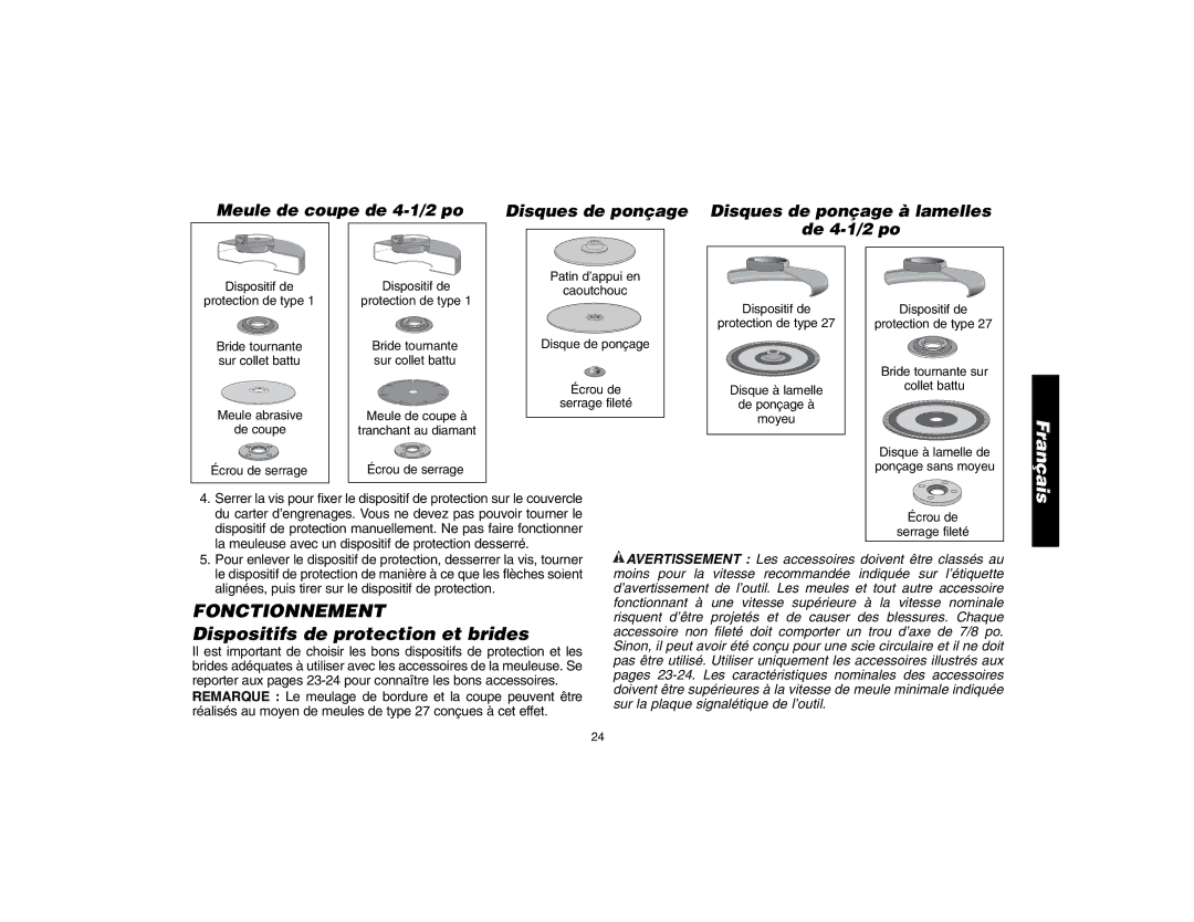 DeWalt D28402N Fonctionnement, Dispositifs de protection et brides, La meuleuse avec un dispositif de protection desserré 