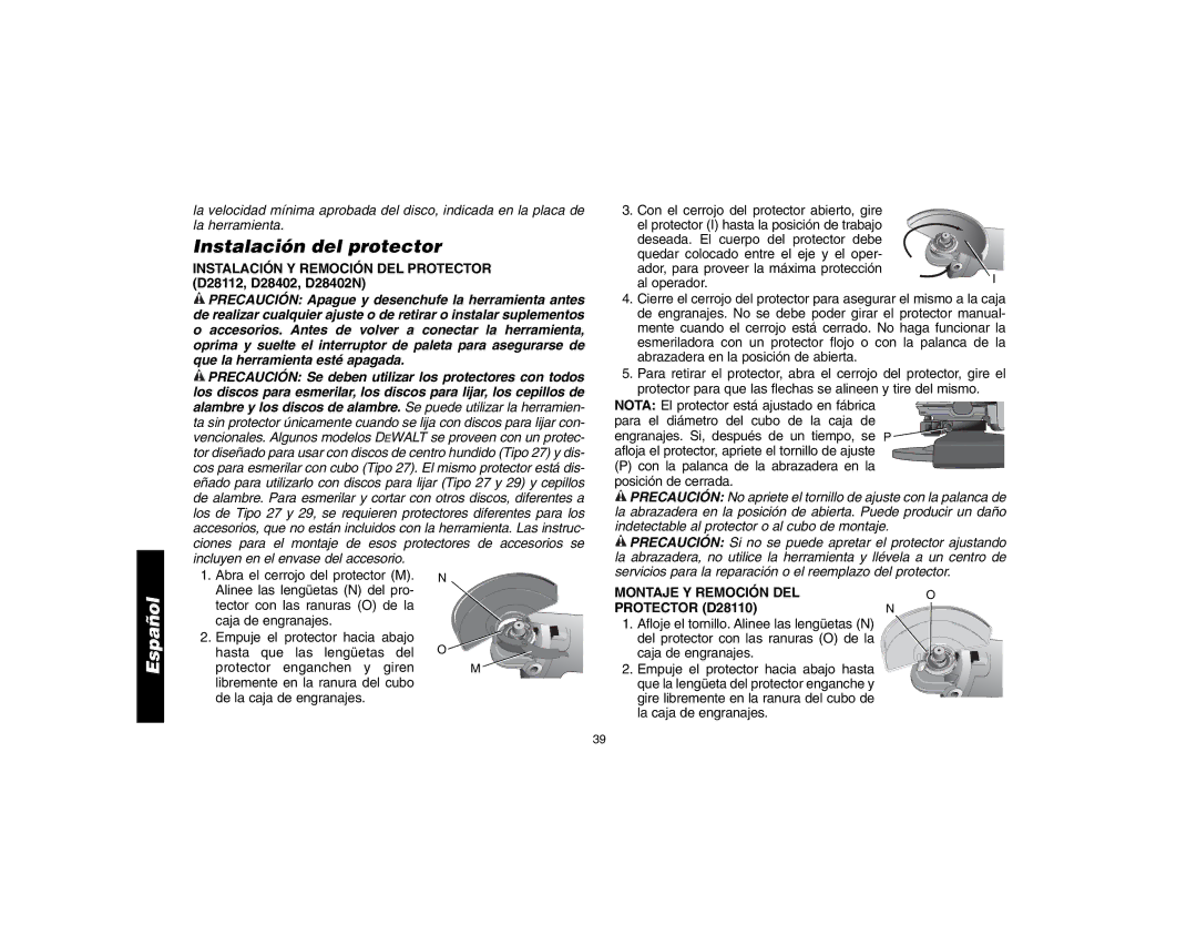 DeWalt D28112, D28402N instruction manual Instalación del protector, Montaje Y Remoción DEL Protector D28110 