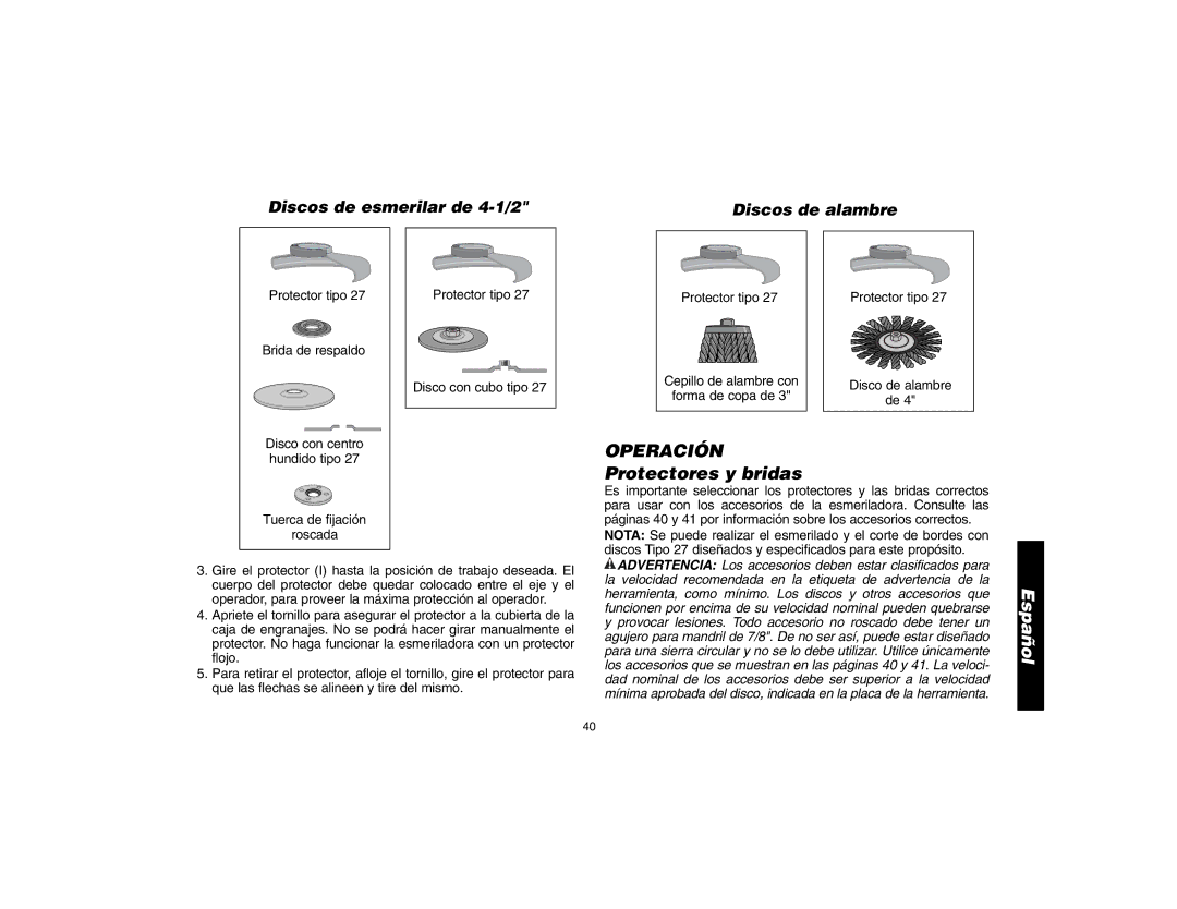 DeWalt D28402N, D28112 instruction manual Operación, Protectores y bridas 