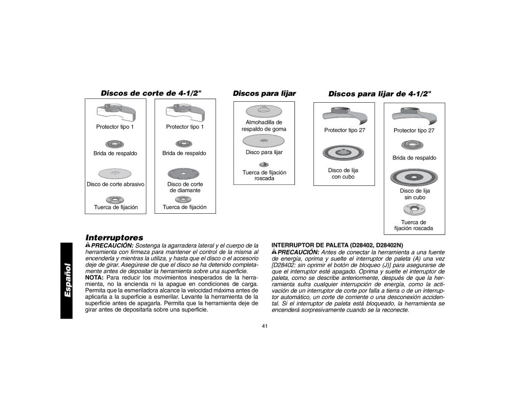 DeWalt D28112 instruction manual Interruptores, Interruptor DE Paleta D28402, D28402N 