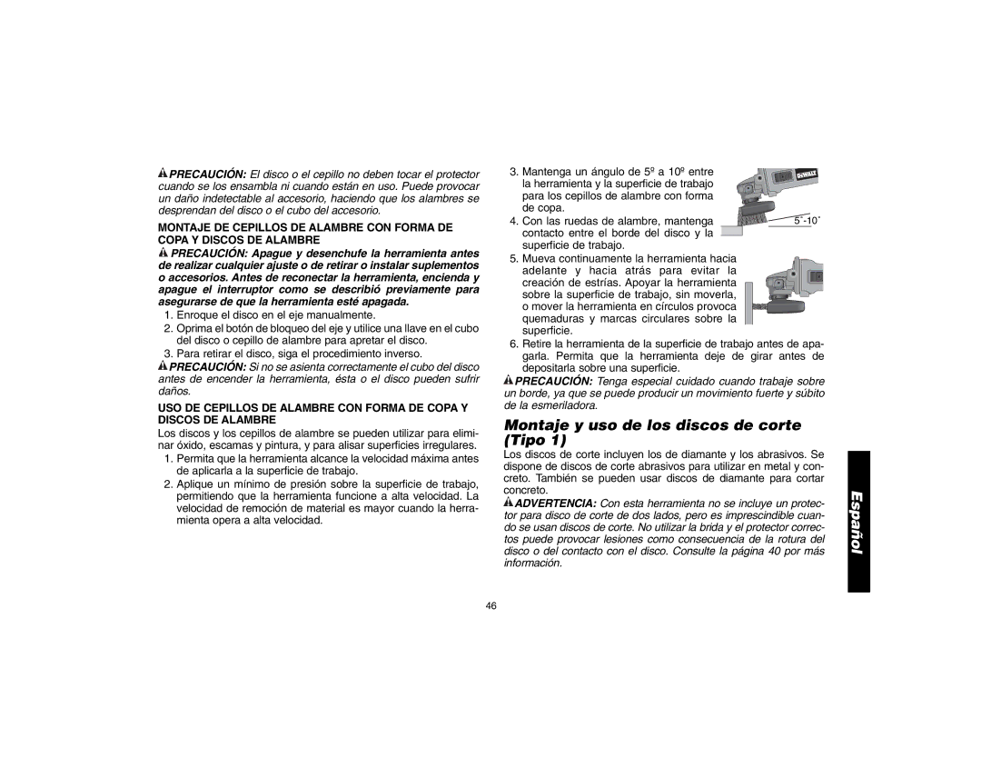 DeWalt D28402N, D28112 instruction manual Montaje y uso de los discos de corte Tipo 