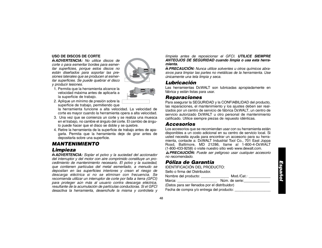 DeWalt D28402N, D28112 instruction manual Mantenimiento, Limpieza, Lubricación, Reparaciones, Póliza de Garantía 