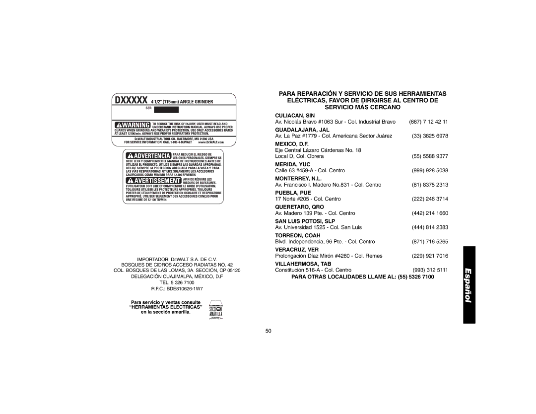 DeWalt D28402N, D28112 instruction manual Culiacan, Sin 