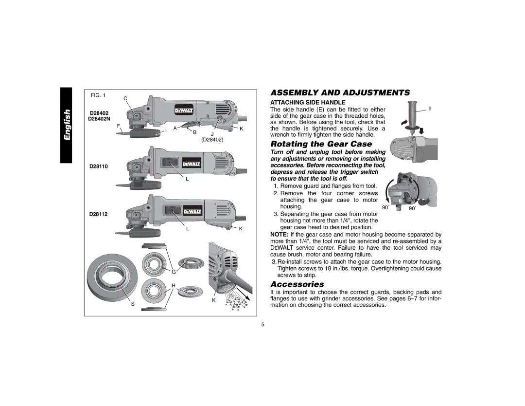 DeWalt D28112, D28402N Assembly and Adjustments, Rotating the Gear Case, Accessories, Attaching Side Handle 