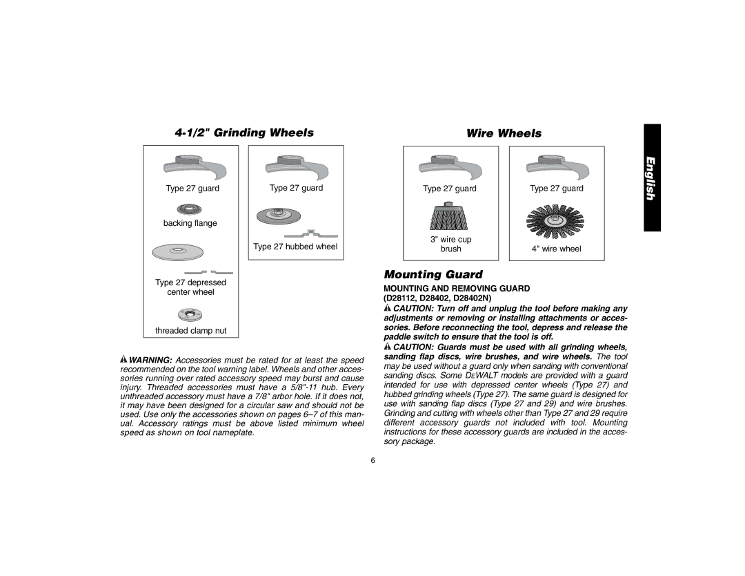 DeWalt D28402N, D28112 Grinding Wheels Wire Wheels, Mounting Guard, Type 27 depressed Center wheel Threaded clamp nut 