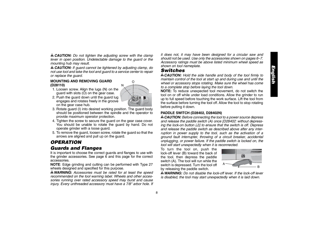 DeWalt D28402N, D28112 instruction manual Operation, Switches, Guards and Flanges, Mounting and Removing Guard 