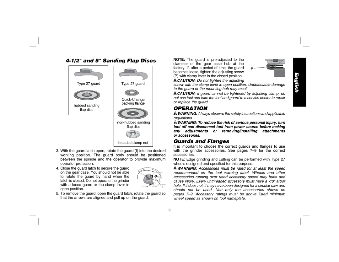 DeWalt D28114R instruction manual 2and 5 Sanding Flap Discs, Operation, Guards and Flanges 