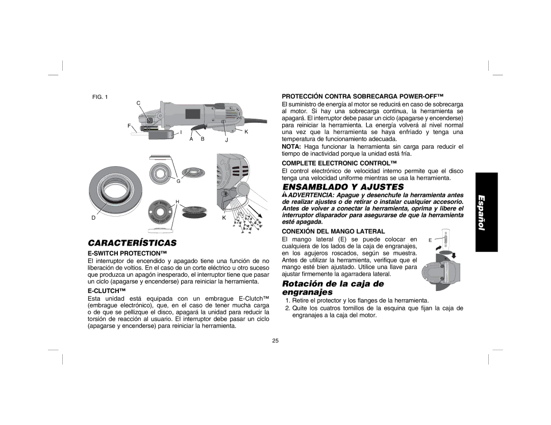 DeWalt D28114R instruction manual Ensamblado Y Ajustes, Características, Rotación de la caja de engranajes 