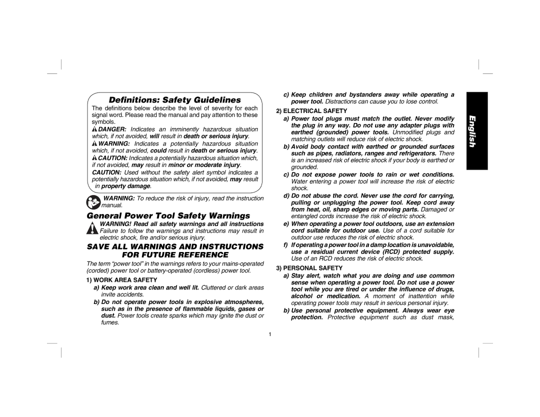 DeWalt D28114R Definitions Safety Guidelines, General Power Tool Safety Warnings, Work Area Safety, Electrical Safety 