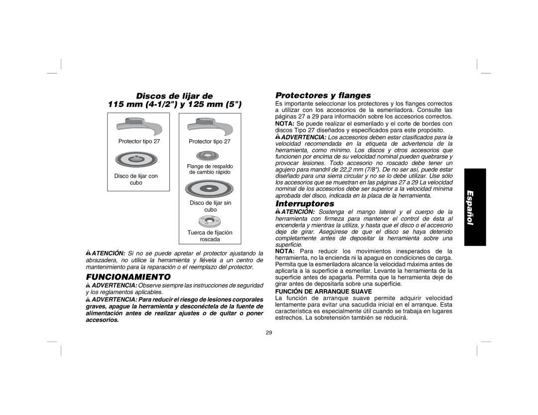 DeWalt D28114R instruction manual Interruptores, Funcionamiento, Función DE Arranque Suave 