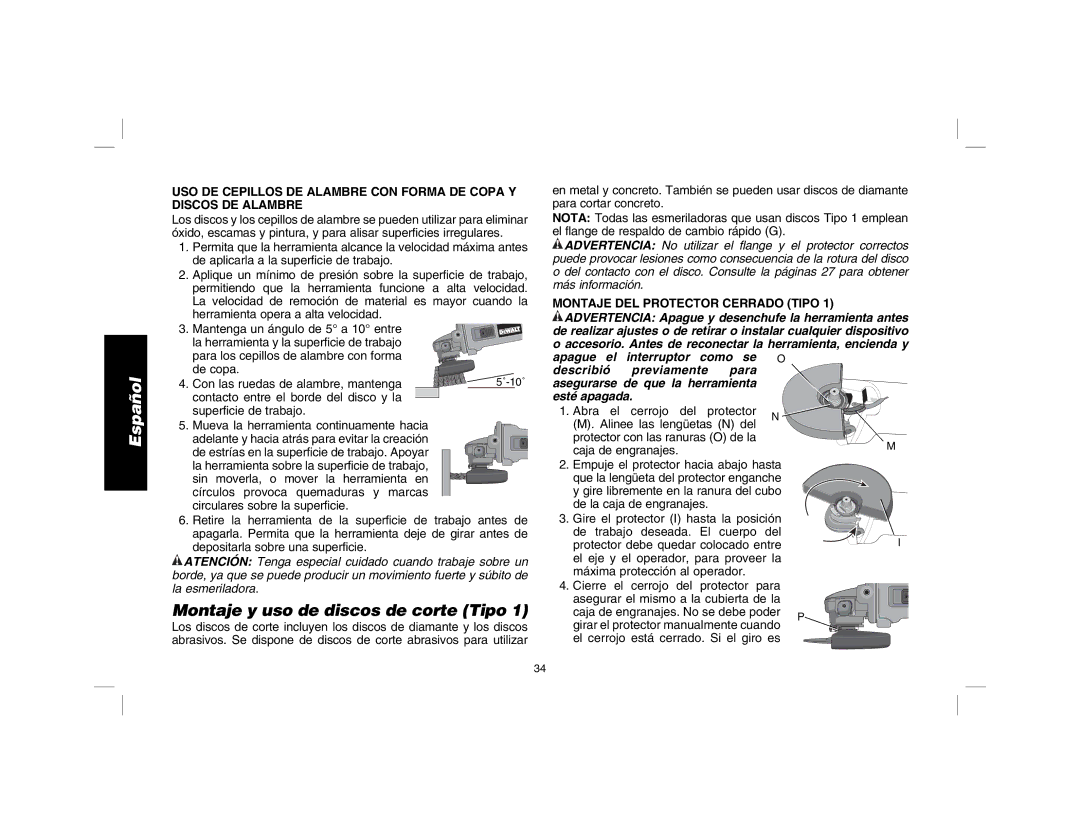 DeWalt D28114R instruction manual Montaje y uso de discos de corte Tipo, Montaje DEL Protector Cerrado Tipo 