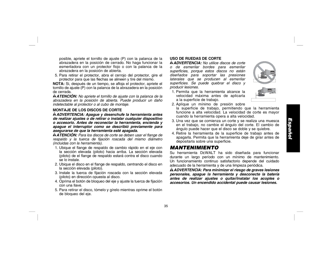 DeWalt D28114R instruction manual Mantenimiento, Montaje DE LOS Discos DE Corte, USO DE Ruedas DE Corte 