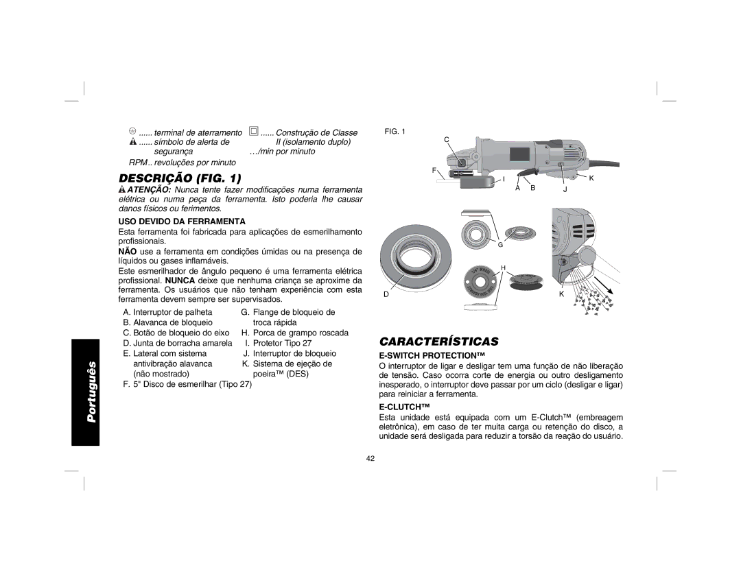 DeWalt D28114R instruction manual Descrição FIG, USO Devido DA Ferramenta 