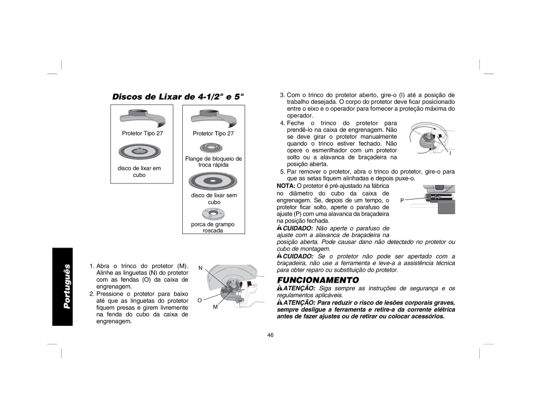 DeWalt D28114R instruction manual Discos de Lixar de 4-1/2 e, Funcionamento 